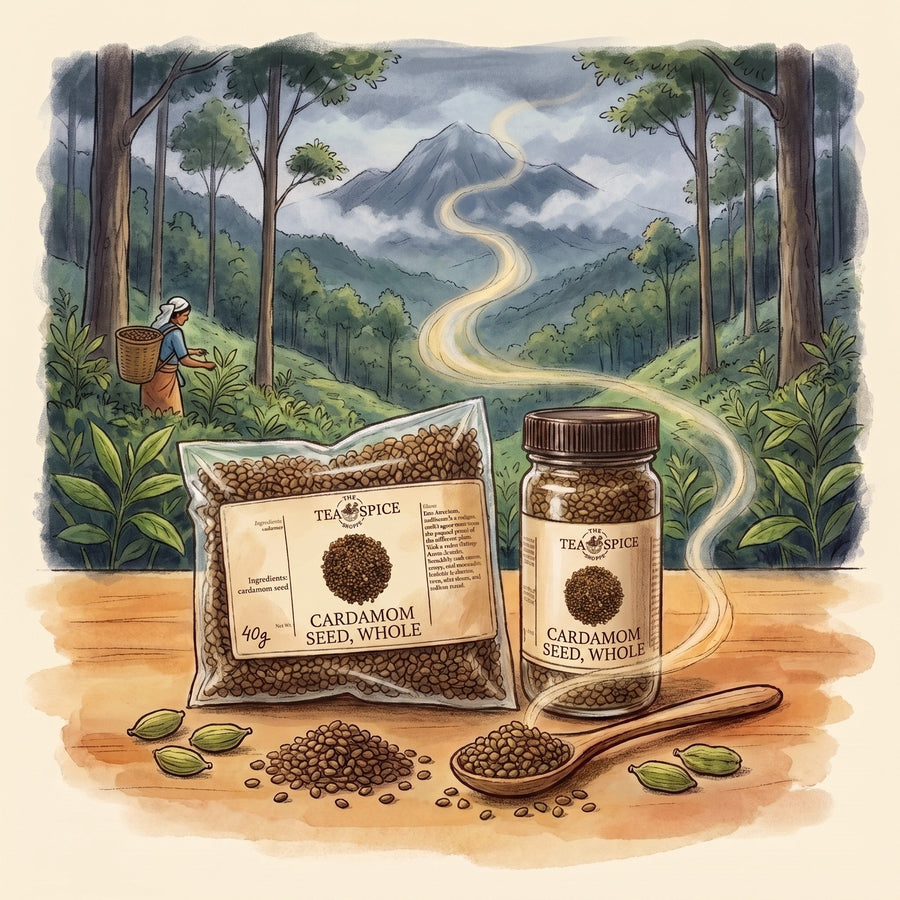 Illustration of Cardamom Seed, Whole in The Tea & Spice Shoppe bag and jar, with the Cardamom Hills of Idukki in Kerala