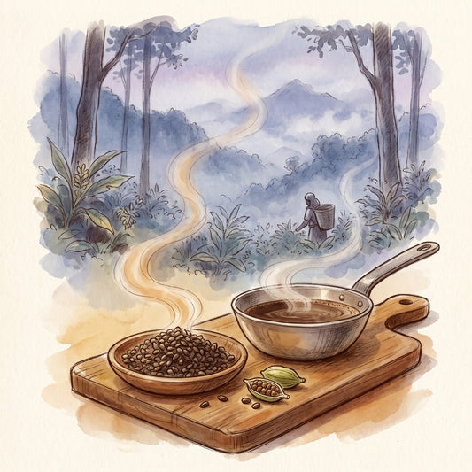 Illustration: Cardamom Seed, Whole with the Cardamom Hills of Idukki in Kerala