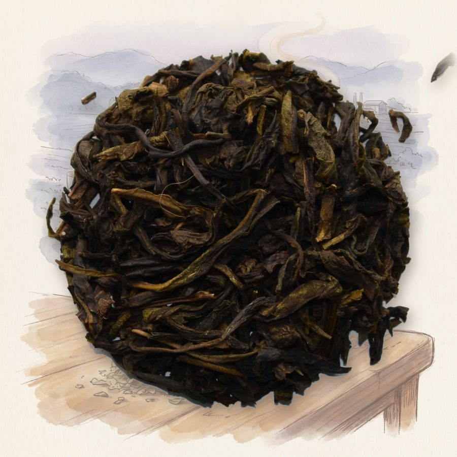 Ceylon Green, Organic loose leaf tea, shown over a chalk-and-watercolour illustration