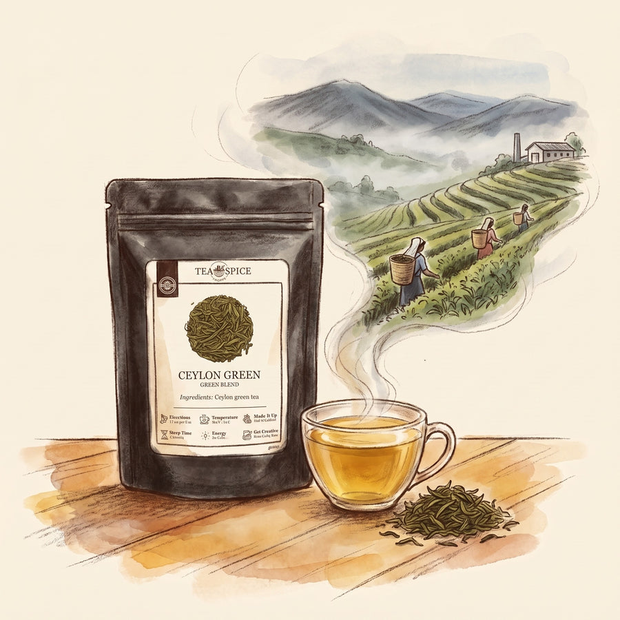 Illustration of Ceylon Green, Organic in The Tea & Spice Shoppe pouch, with the Uva highlands of Sri Lanka