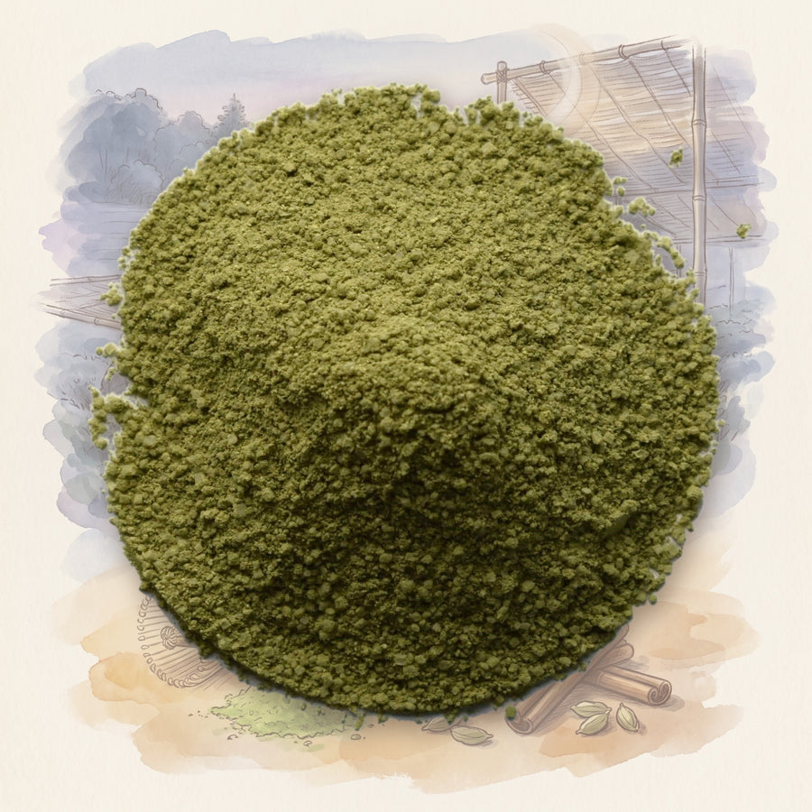 Chai Matcha, Organic loose leaf tea, shown over a chalk-and-watercolour illustration