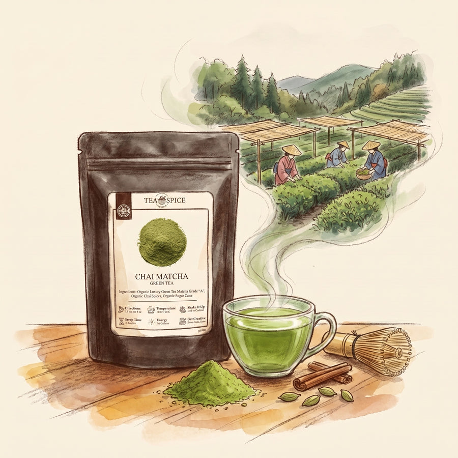 Illustration of Chai Matcha, Organic in The Tea & Spice Shoppe pouch, with the tea fields of Uji near Kyoto in the 16th century