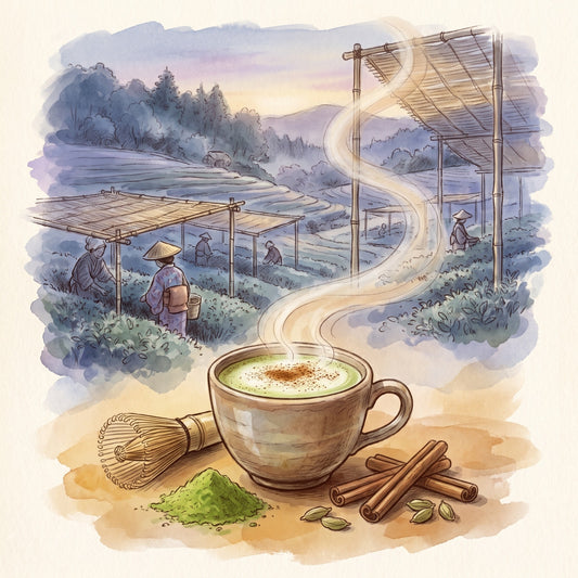 Illustration: Chai Matcha, Organic with the tea fields of Uji near Kyoto in the 16th century