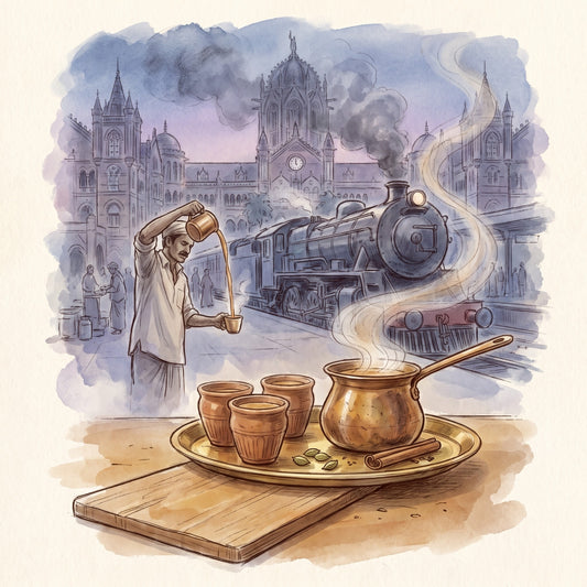 Illustration: Chai Tea Set: 5 Loose Leaf Chais, a brass tray of chai in clay cups, a Bombay chaiwala and steam train beyond