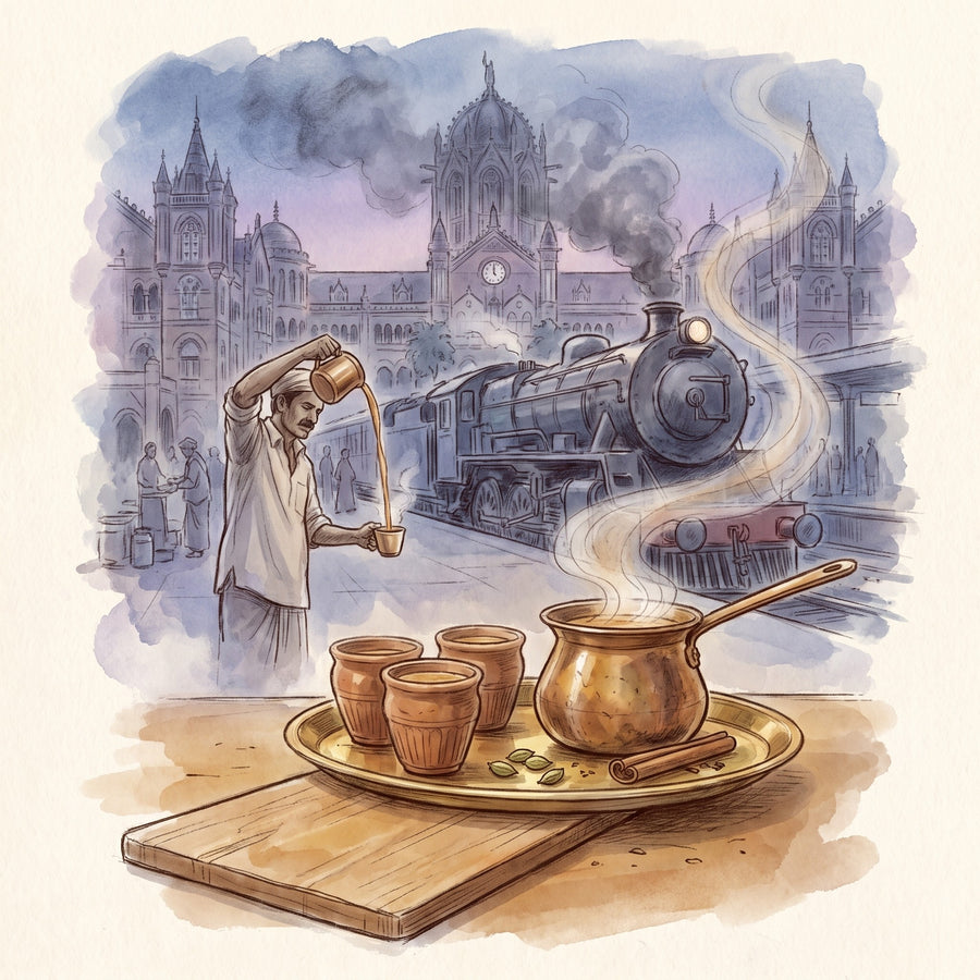 Illustration: Chai Tea Set: 5 Loose Leaf Chais, a brass tray of chai in clay cups, a Bombay chaiwala and steam train beyond