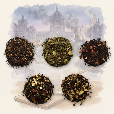 Chai Tea Set: 5 Loose Leaf Chais: Chocolate Chile Chai, Kashmiri Chai, Pumpkin Spice Chai, Spicy Chai and Vanilla Chai, Organic, shown over a chalk-and-watercolour illustration