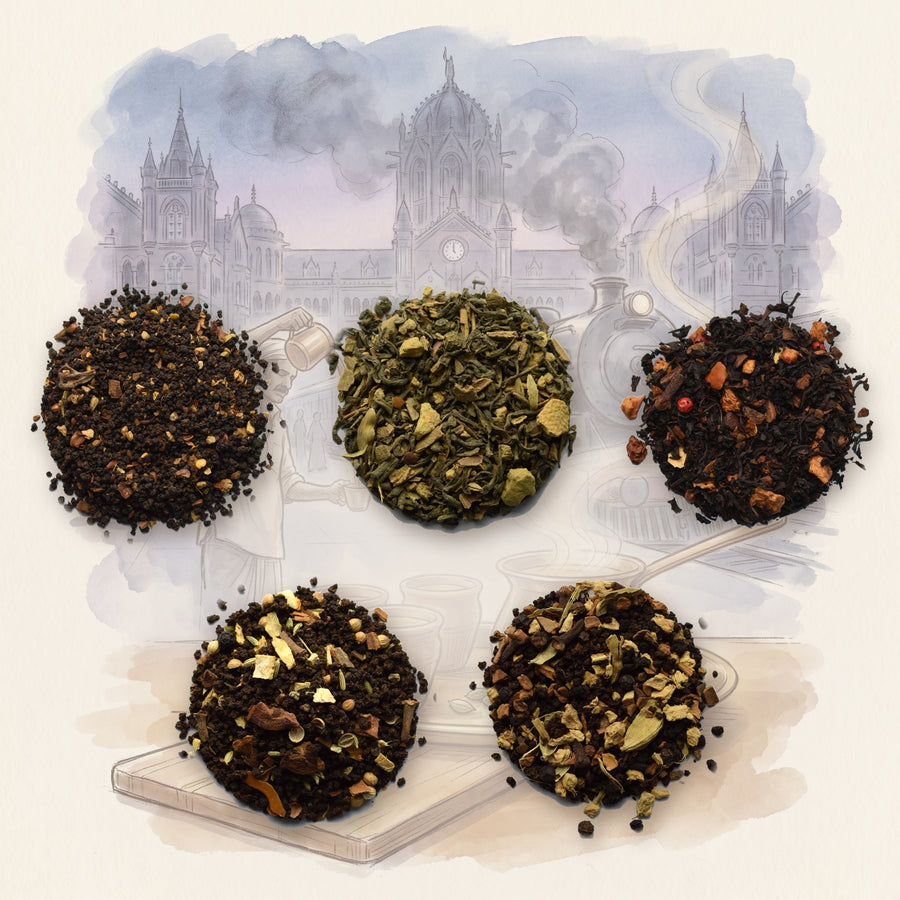 Chai Tea Set: 5 Loose Leaf Chais: Chocolate Chile Chai, Kashmiri Chai, Pumpkin Spice Chai, Spicy Chai and Vanilla Chai, Organic, shown over a chalk-and-watercolour illustration