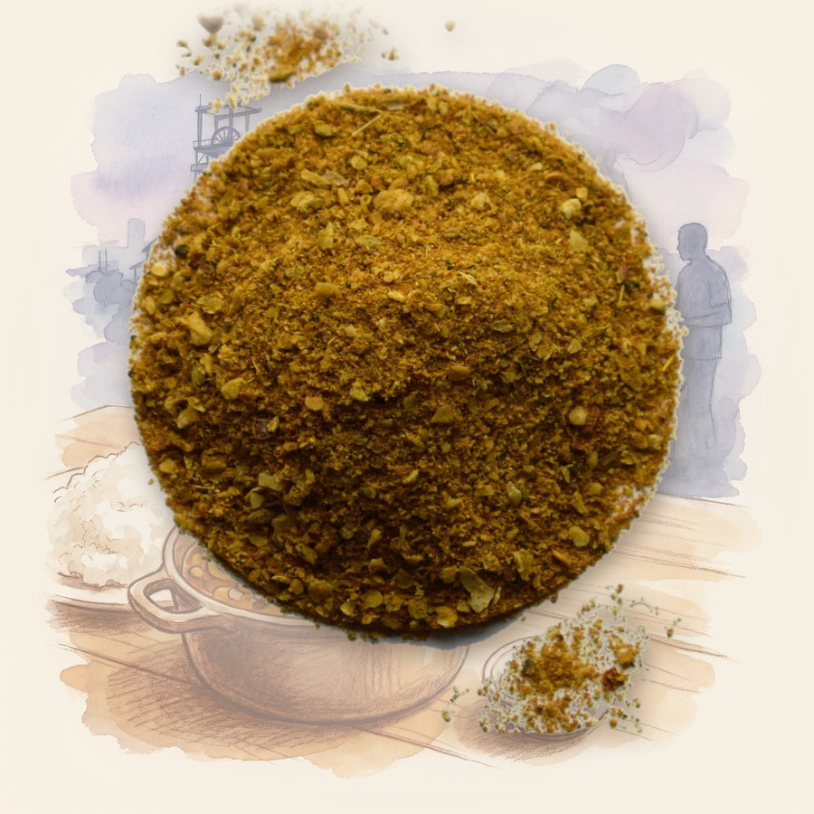 Chakalaka spice, shown over a chalk-and-watercolour illustration