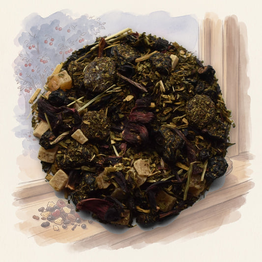 She's My Cherry Pie loose leaf tea, shown over a chalk-and-watercolour illustration