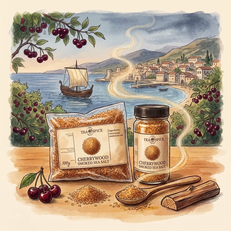 Illustration of Cherrywood Smoked Sea Salt in The Tea & Spice Shoppe bag and jar, with the green Black Sea coast of Pontus in ancient times