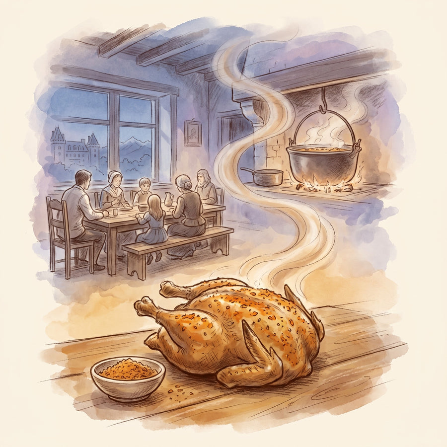 Illustration: Chicken Rub Blend with a farmhouse kitchen in Béarn around 1600