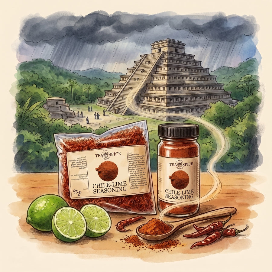 Illustration of Chile-Lime Seasoning in The Tea & Spice Shoppe bag and jar, with El Tajín in the green hills of Veracruz
