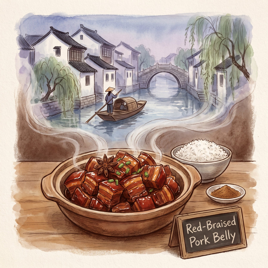 Illustration: Red-Braised Pork Belly, made with Chinese Five Spice