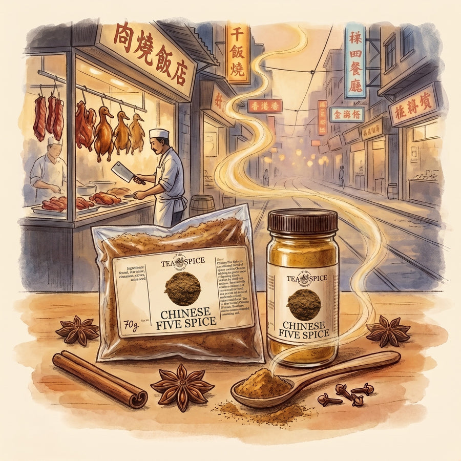 Illustration of Chinese Five Spice in The Tea & Spice Shoppe bag and jar, with a Hong Kong street in the 1950s