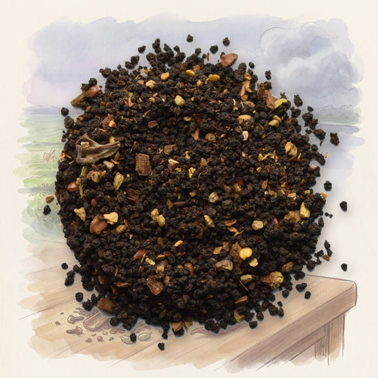 Chocolate Chile Chai loose leaf tea, shown over a chalk-and-watercolour illustration