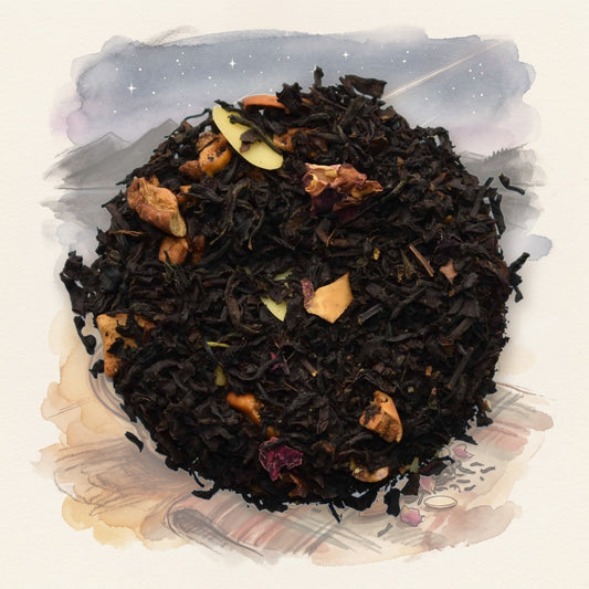 Choconut Truffle loose leaf tea, shown over a chalk-and-watercolour illustration