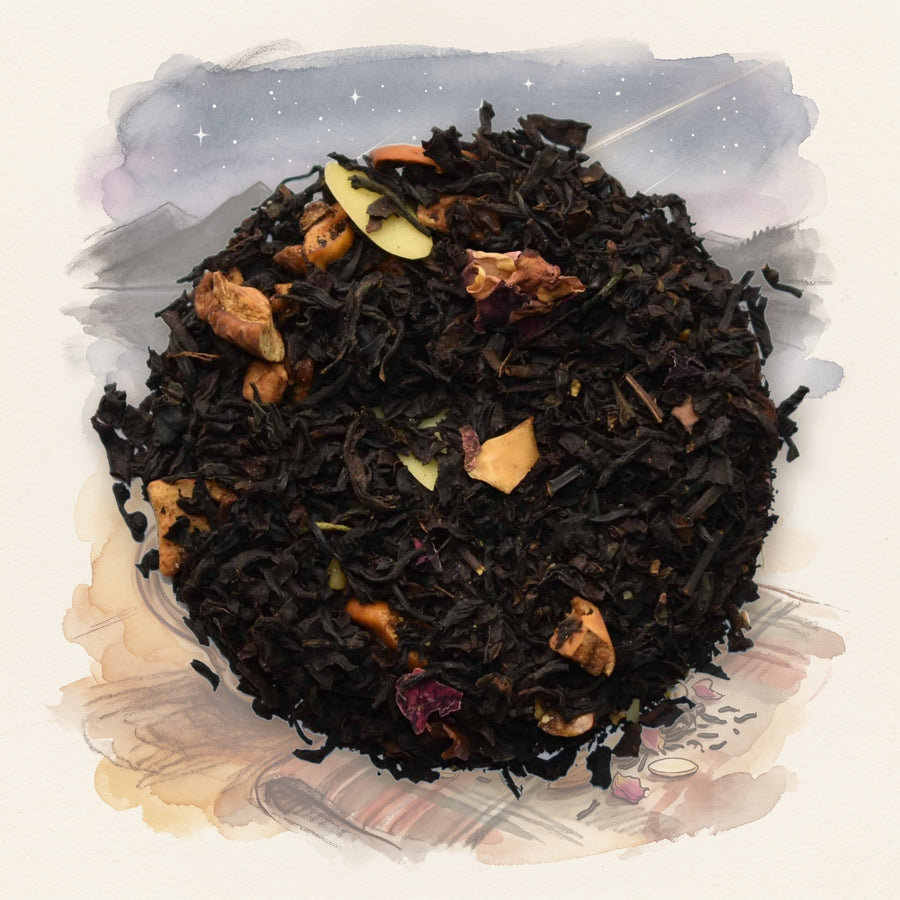 Choconut Truffle loose leaf tea, shown over a chalk-and-watercolour illustration