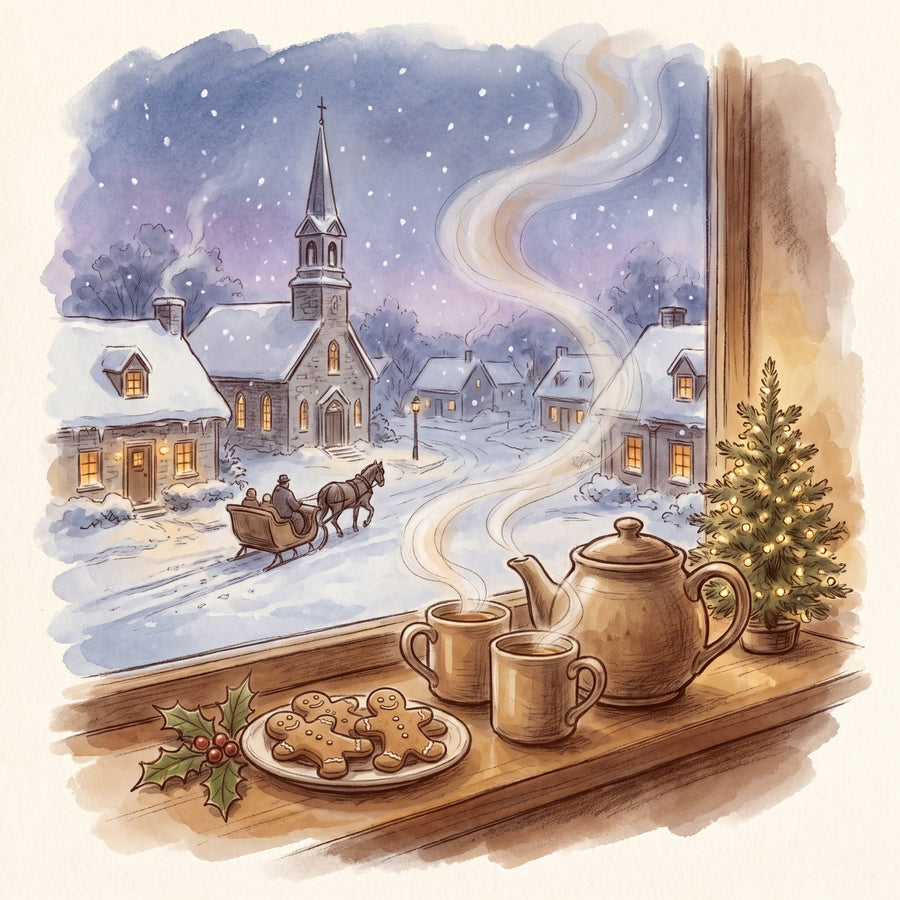Illustration: Christmas Tea Set: 7 Holiday Loose Leaf Teas, a teapot and gingerbread on a windowsill, a snowy Quebec village street beyond