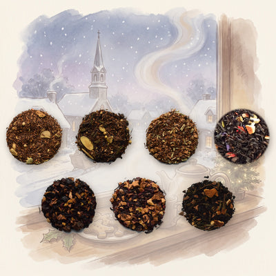 Christmas Tea Set: 7 Holiday Loose Leaf Teas: Gingerbread Man, Gingerbread Spice, Hot Apple Cider, Organic, Sleigh Ride, Sugar Plum Fairy, Turkish Apple and Vienna Eggnog, shown over a chalk-and-watercolour illustration