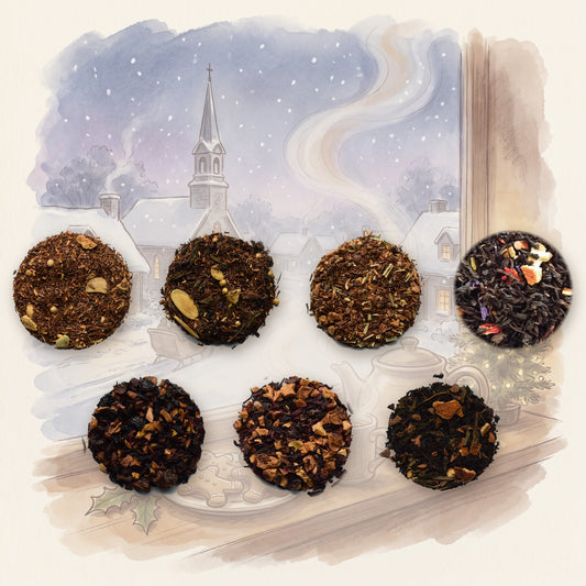 Christmas Tea Set: 7 Holiday Loose Leaf Teas: Gingerbread Man, Gingerbread Spice, Hot Apple Cider, Organic, Sleigh Ride, Sugar Plum Fairy, Turkish Apple and Vienna Eggnog, shown over a chalk-and-watercolour illustration