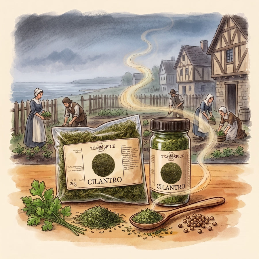 Illustration of Cilantro in The Tea & Spice Shoppe bag and jar, with the Massachusetts Bay Colony in 1630