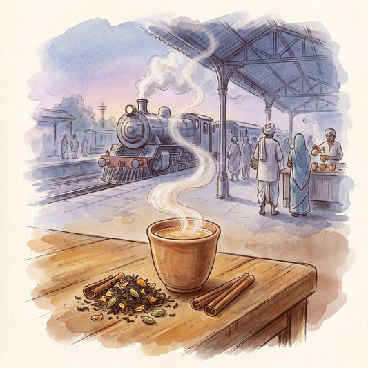 Illustration: Cinnamon Chai, Organic with an Indian railway platform at dawn in the 1920s