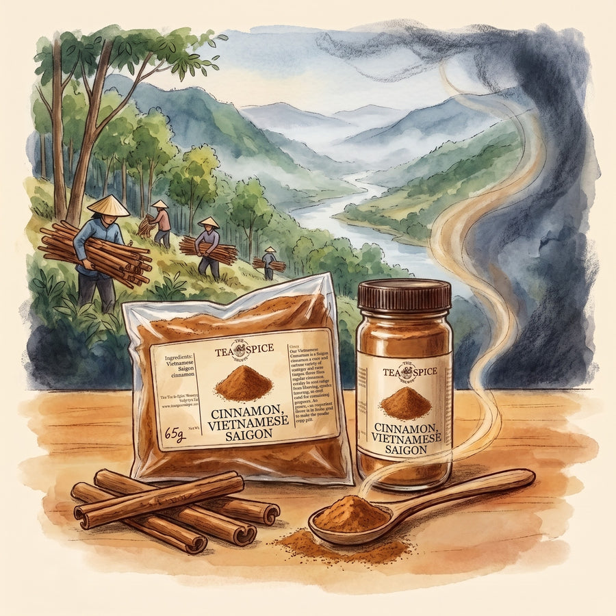 Illustration of Cinnamon, Ground, Vietnamese Saigon in The Tea & Spice Shoppe bag and jar, with the steep hills of Quảng Ngãi in central Vietnam