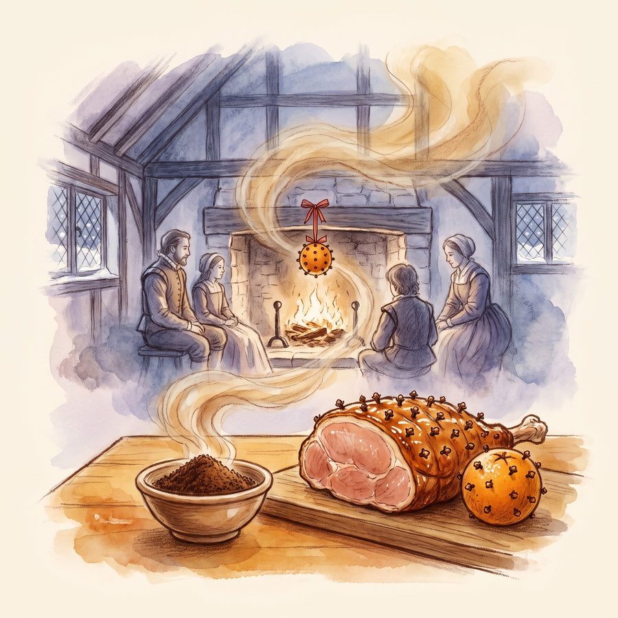 Illustration: Cloves, Ground with a timber-framed Tudor farmhouse hall on Christmas Eve