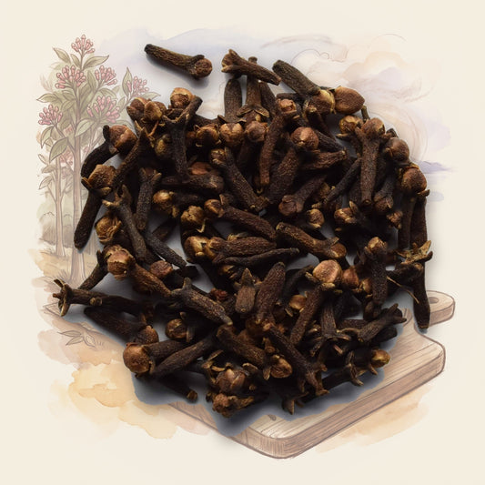 Cloves, Whole spice, shown over a chalk-and-watercolour illustration