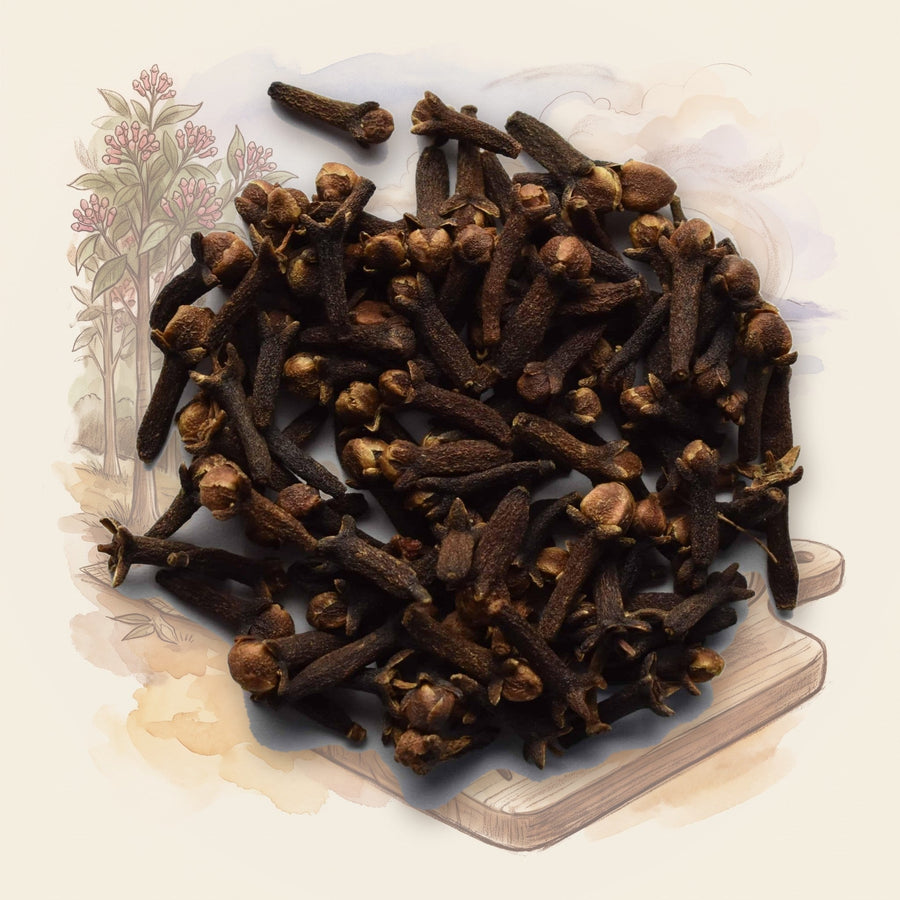 Cloves, Whole spice, shown over a chalk-and-watercolour illustration