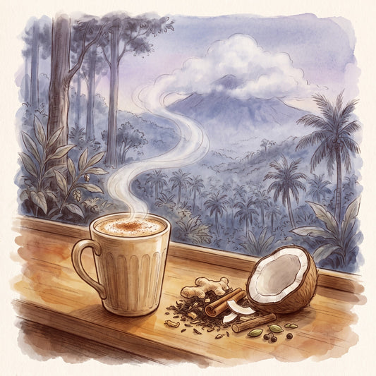 Illustration: Coconut Chai Latte with Kerala's Cardamom Hills in the southern Western Ghats