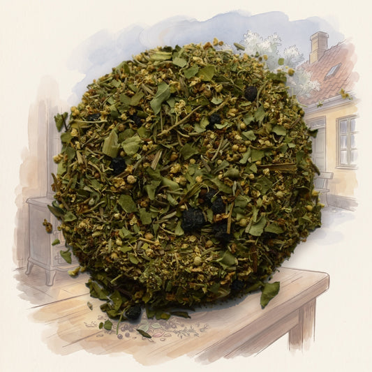 Cold & Flu loose leaf tea, shown over a chalk-and-watercolour illustration