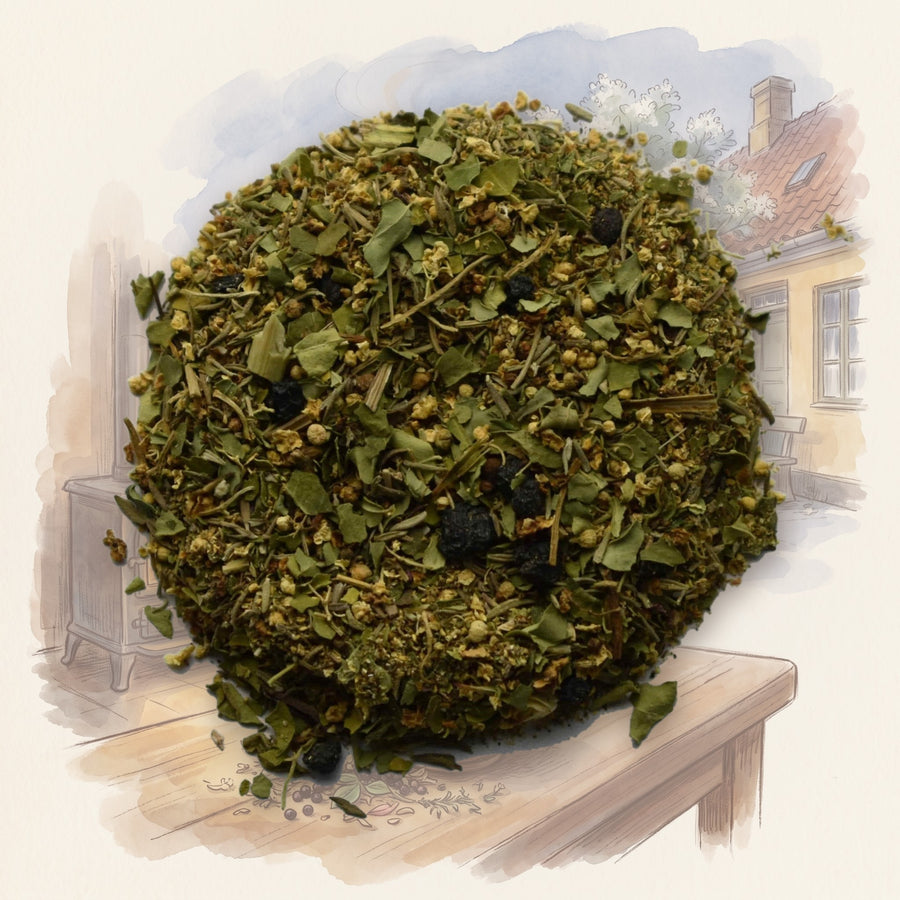 Cold & Flu loose leaf tea, shown over a chalk-and-watercolour illustration