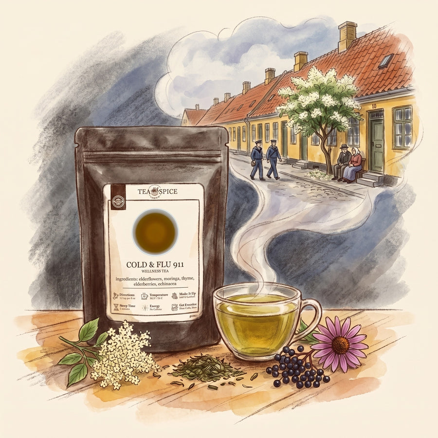Illustration of Cold & Flu in The Tea & Spice Shoppe pouch, with Copenhagen's Nyboder in the 1840s