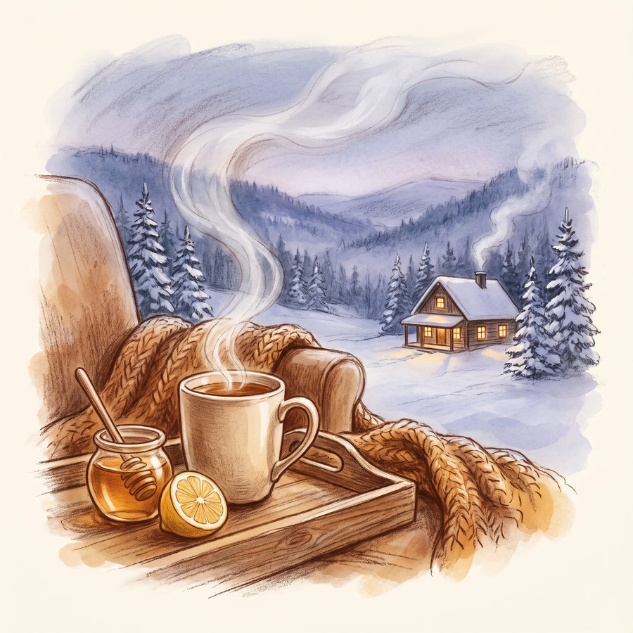 Illustration: Cold Season Tea Set: 5 Herbal Teas for Colds & Congestion, a mug of tea with honey and lemon, a lamplit cabin in falling snow beyond