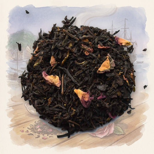 Congou Rose loose leaf tea, shown over a chalk-and-watercolour illustration