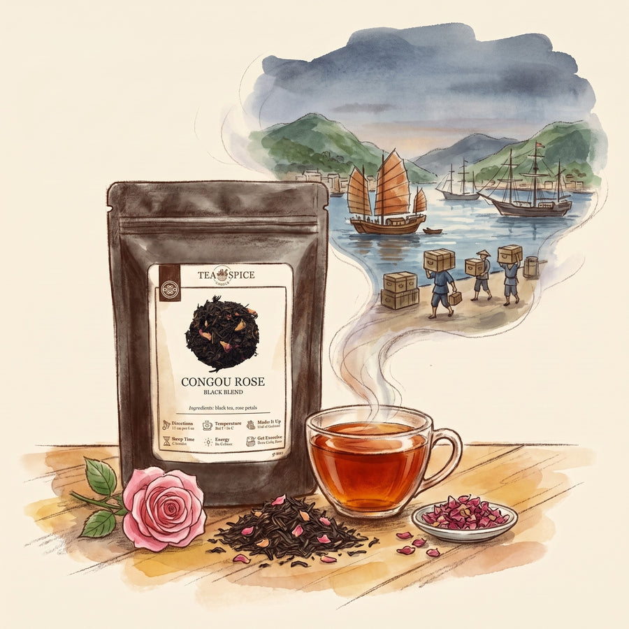 Illustration of Congou Rose in The Tea & Spice Shoppe pouch, with the harbour of Amoy (Xiamen) in the 19th century