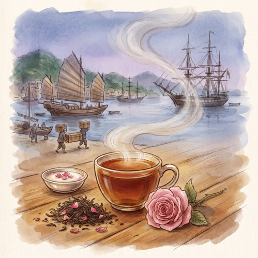 Illustration: Congou Rose with the harbour of Amoy (Xiamen) in the 19th century
