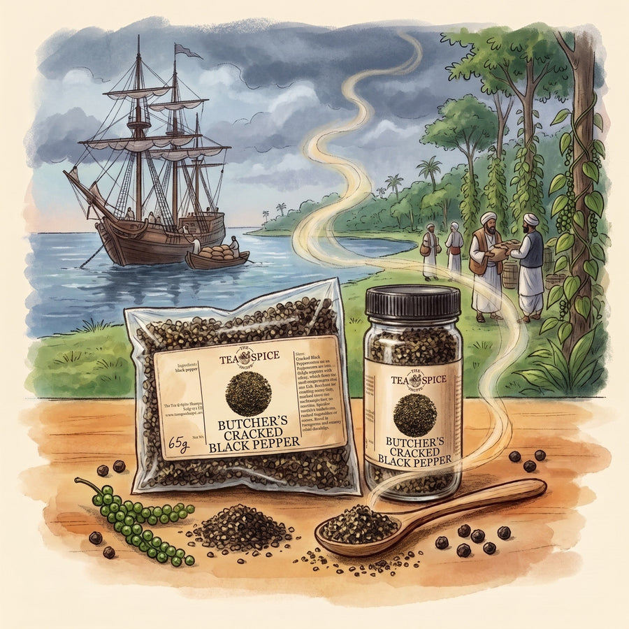 Illustration of Butcher's Cracked Black Peppercorns in The Tea & Spice Shoppe bag and jar, with the ancient port of Muziris on India's Malabar Coast, about the 2nd century