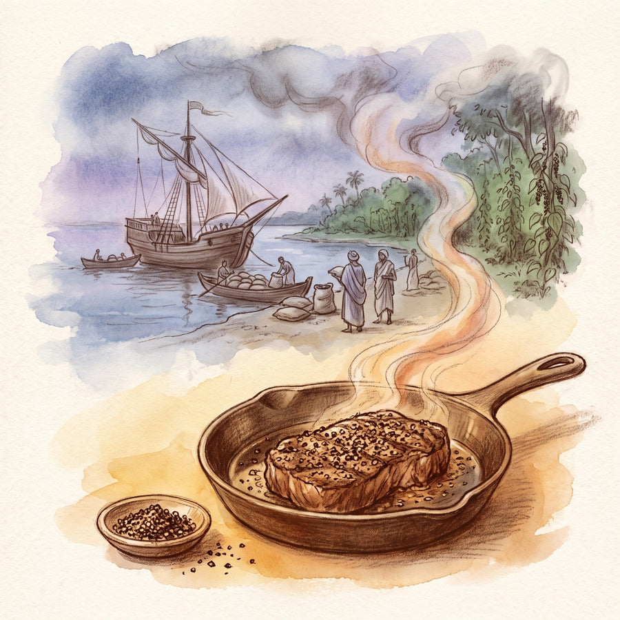 Illustration: Butcher's Cracked Black Peppercorns with the ancient port of Muziris on India's Malabar Coast, about the 2nd century