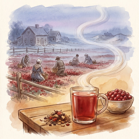 Illustration: Cranberry Apple, Organic with a Cape Cod cranberry bog in October in the 1820s