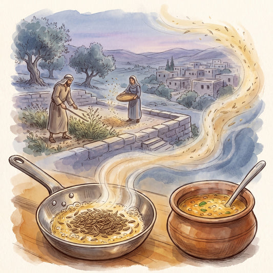Illustration: Cumin Seed, Whole with the hills of ancient Judea in the time of Isaiah