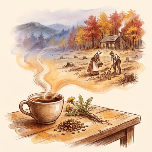 Illustration: Dandelion Root, Organic with a bush farm in Douro Township, Upper Canada, in the fall of 1835