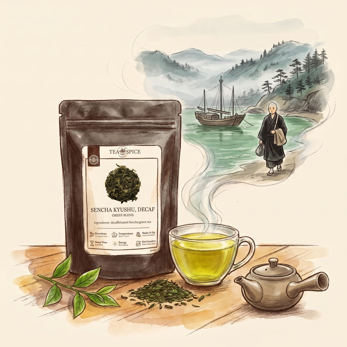 Illustration of Decaf Sencha Kyushu Green in The Tea & Spice Shoppe pouch, with the coast of Kyūshū in 1191