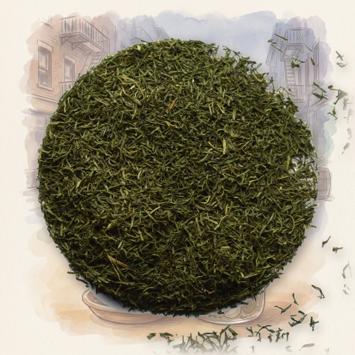 Dill Weed spice, shown over a chalk-and-watercolour illustration