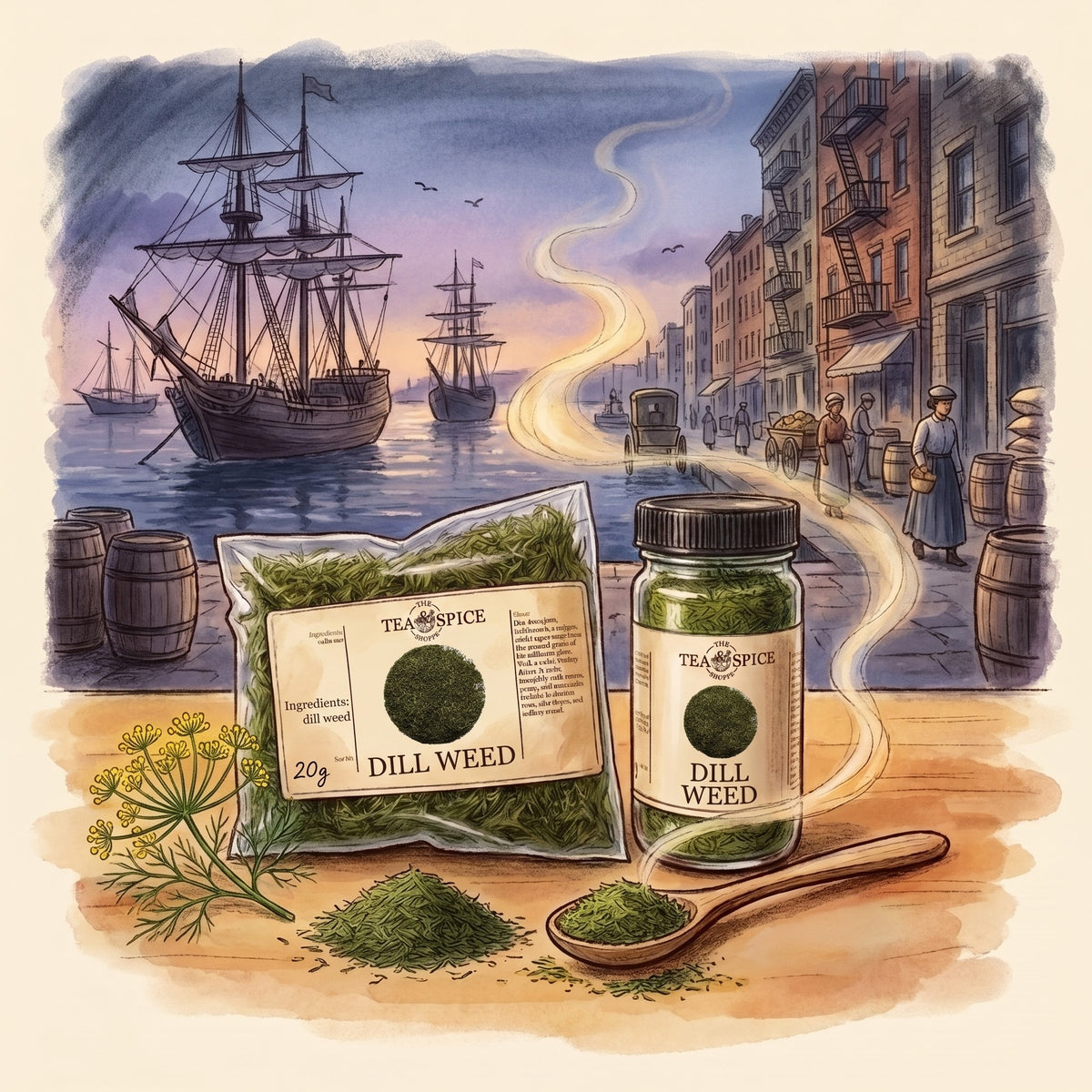 Illustration of Dill Weed in The Tea & Spice Shoppe bag and jar, with New York's Lower East Side in the early 1900s