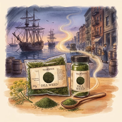 Illustration of Dill Weed in The Tea & Spice Shoppe bag and jar, with New York's Lower East Side in the early 1900s