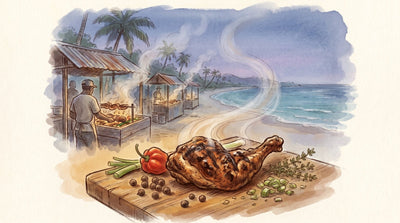 Jerk pork on green pimento wood over the fire at Boston Bay, Portland parish, the sea behind.