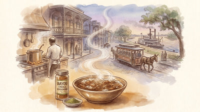 A pot of dark roux gumbo over rice with Bayou Creole seasoning beside it, the French Quarter beyond.