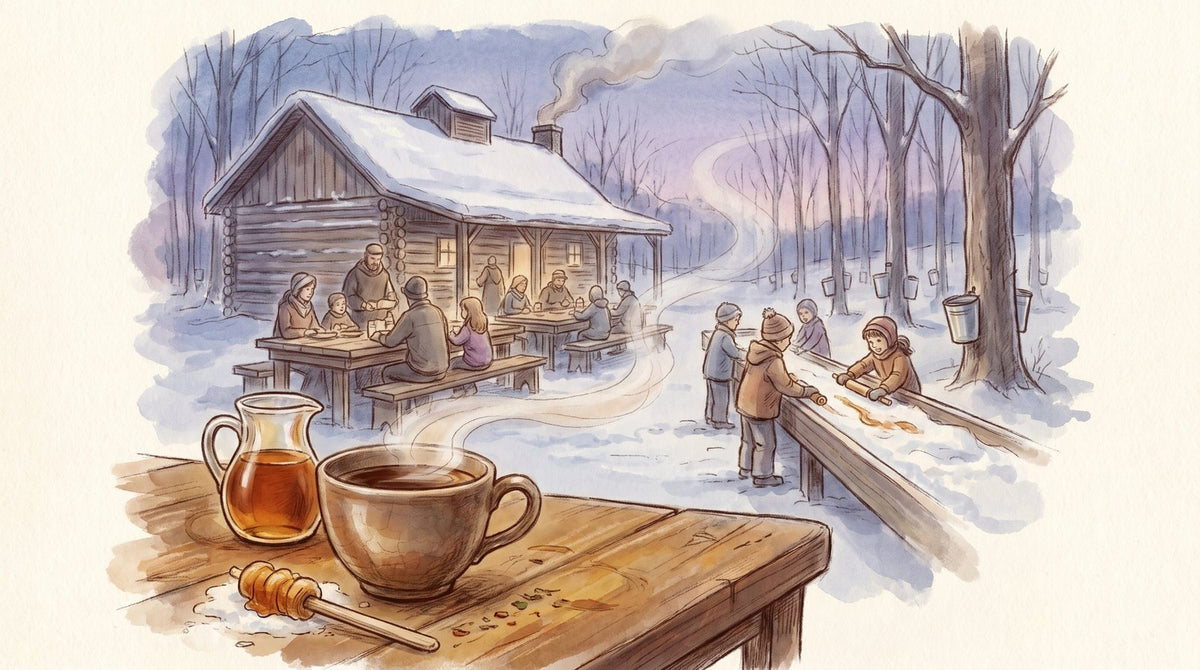 A Quebec cabane à sucre in March, steam off the roof and hot taffy rolled on snow.